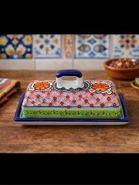 Hand Painted Talavera Style Butter Dish Puebla Mexico Signed Hernandez Ceramic